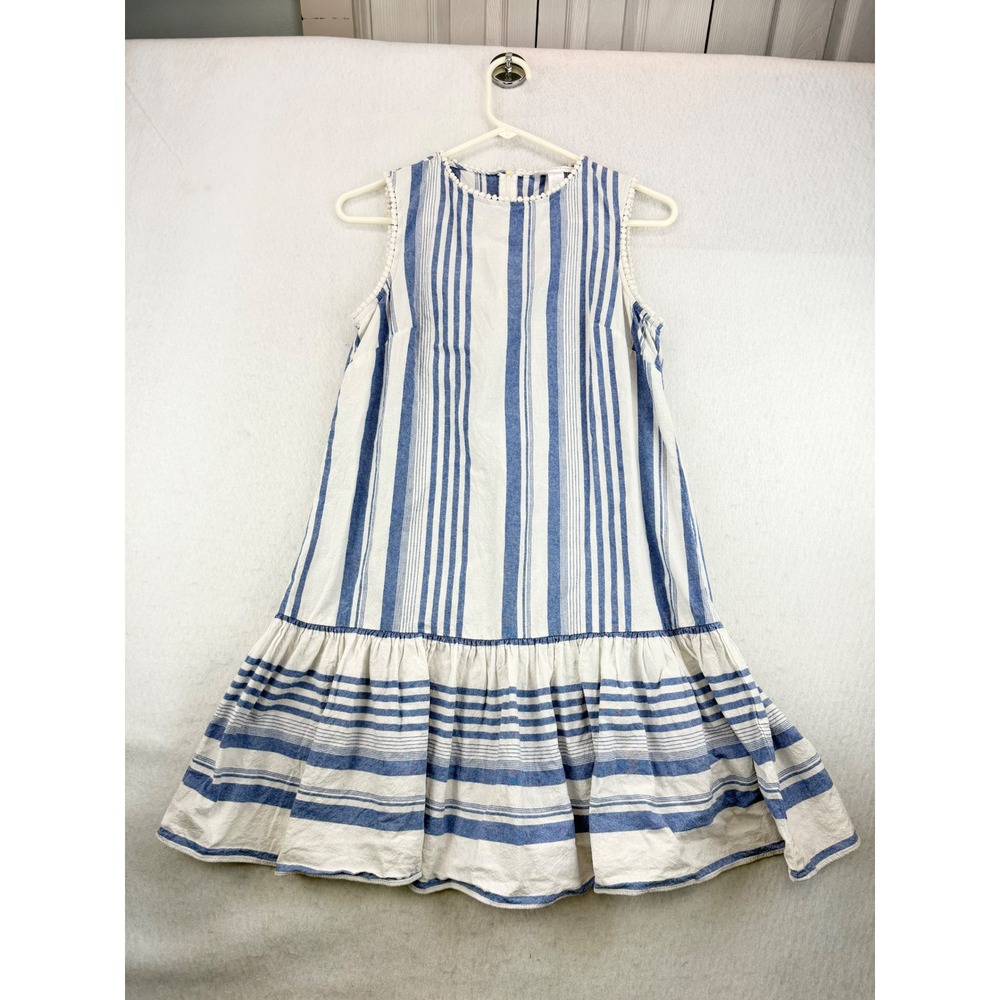 London Times Women's Size 4 Blue White Striped Sleeveless Ruffle Hem Dress